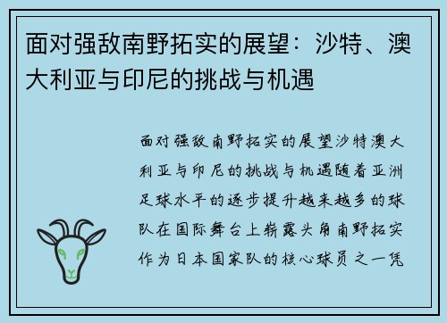 面对强敌南野拓实的展望：沙特、澳大利亚与印尼的挑战与机遇